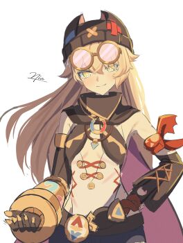 1girl absurdres alternate_hairstyle animal_ear_headwear beanie blonde_hair breasts center_opening fake_animal_ears genshin_impact gloves goggles goggles_on_head hair_down hat highres jahoda_(genshin_impact) long_hair looking_at_viewer mechanical_arms niadn_nb pink-tinted_eyewear prosthesis prosthetic_arm single_mechanical_arm small_breasts star-shaped_pupils star_(symbol) symbol-shaped_pupils tinted_eyewear upper_body