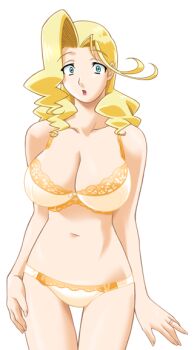 1girl :o aqua_eyes blonde_hair blue_eyes bra breasts cleavage collarbone cowboy_shot curly_hair game_cg gan-chan_(artist) hitozuma_sentai_aisaiger jewelry lace lace-trimmed_bra lace-trimmed_panties lace_trim large_breasts large_variant_set lingerie long_hair looking_at_viewer makeup mature_female navel non-web_source official_art open_mouth panties ring solo sophie_andrea_yukitou standing surprised thigh_gap transparent_background underwear underwear_only variant_set wedding_ring wide-eyed yellow_bra yellow_panties