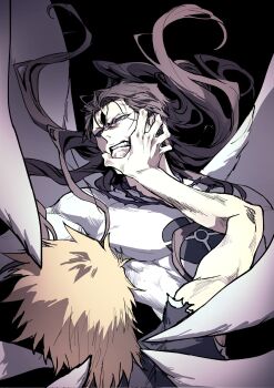Rule 34 | 2boys, aizen sousuke, black background, black shirt, bleach, brown hair, clenched teeth, colored sclera, facial mark, facing another, facing away, fang, floating hair, forehead mark, frown, grabbing another's face, hand on another's face, head grab, highres, kurosaki ichigo, long hair, looking at viewer, losloslaus, male focus, mature male, multiple boys, multiple wings, muscular, muscular male, orange hair, parted lips, purple sclera, shihakusho, shirt, short hair, simple background, single bare arm, single bare shoulder, spiked hair, striped clothes, striped shirt, teeth, tentacle wings, third eye, torn clothes, torn shirt, white eyes, white shirt, wings