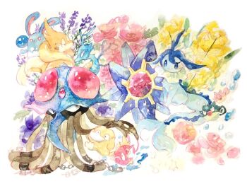 :3 air_bubble animal_focus azumarill blue_eyes bright_pupils bubble closed_mouth floatzel flower full_body gen_1_pokemon gen_2_pokemon gen_4_pokemon kingdra magikarp nintendo no_humans non_(kumakawayusu) open_mouth pink_flower pokemon pokemon_(creature) psyduck purple_flower qwilfish red_flower starmie tentacruel vaporeon white_background white_pupils yellow_flower