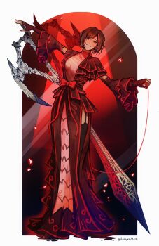 1girl arched_bangs artist_name nicolina_(project_moon) black_thighhighs bob_cut border bow breasts brown_hair cleavage cosplay detached_sleeves dress frilled_dress frilled_sleeves frills full_body garter_straps highres holding holding_string laenjen78201 large_breasts limbus_company looking_at_viewer multicolored_hair nicolina_(project_moon)_(cosplay) outis_(project_moon) parted_bangs project_moon red_background red_bow red_dress red_hair red_nails scissors see-through_cleavage see-through_clothes short_hair side_slit smile solo spotlight standing streaked_hair string thighhighs waist_bow