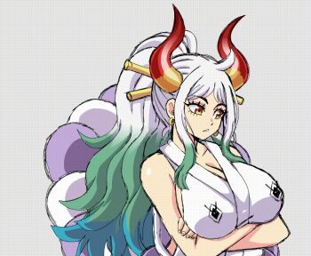 1girl animated animated_gif blouse bouncing_breasts breast_tattoo breasts brown_eyes flashing green_hair holding horns japanese_clothes large_breasts lewdamone long_hair looking_at_viewer multicolored_hair nipples one_piece open_mouth ponytail red_horns shirt simple_background sleeveless sleeveless_shirt smile solo tattoo two-tone_hair wavy_mouth white_background white_hair yamato_(one_piece)
