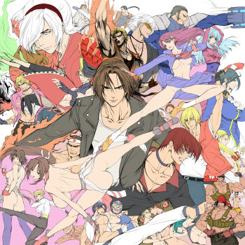 6+boys 6+girls absurdres andy_bogard arms_up asamiya_athena ash_crimson ass asymmetrical_docking attack blood bottomless breast_press breasts chibi clark_still clenched_teeth clothes_lift covered_erect_nipples duo_lon elisabeth_blanctorche everyone fatal_fury fire flying_kick hanging_breasts hat highres holding_hands huge_breasts hwa_jai impossible_clothes joe_higashi k&#039;_(kof) kicking king_(snk) king_of_fighters_xiii kula_diamond kusanagi_kyou large_breasts leona_heidern mature_(kof) maxima multiple_boys multiple_girls muscular no_bra no_panties nosebleed one_eye_closed punching pyrokinesis q_azieru ralf_jones ryou_sakazaki ryuuko_no_ken school_uniform serafuku shiranui_mai shirt_lift short_hair sideboob sie_kensou sketch skirt skirt_lift snk symmetrical_docking teeth terry_bogard the_king_of_fighters the_king_of_fighters_xiii thighhighs thumbs_up underboob uppercut vice_(kof) wind wind_lift wink yagami_iori yuri yuri_sakazaki