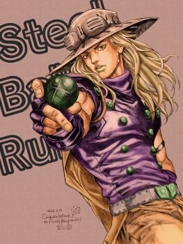 Rule 34 | 1boy, ball, belt, blonde hair, cape, fingerless gloves, gloves, green eyes, green lips, gyro zeppeli, hat, highres, holding, holding ball, jojo no kimyou na bouken, long hair, male focus, oko josuke, solo, steel ball run, turtleneck, wide brim
