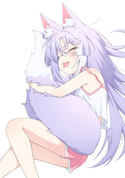 Rule 34 | 1girl, :d, animal ears, bare arms, bare shoulders, blush, camisole, closed eyes, commentary request, drooling, fang, feet out of frame, fox ears, fox girl, fox tail, highres, hugging own tail, hugging tail, korean commentary, long hair, mouth drool, multicolored hair, open mouth, pink shorts, purple hair, short shorts, shorts, simple background, smile, solo, spaghetti strap, stellive, streaked hair, tail, tenko shibuki, ugaaaa1, virtual youtuber, white background, white camisole, white streaks
