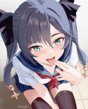 1girl ahhgik black_thighhighs blue_skirt commentary english_commentary finger_in_own_mouth genshin_impact green_eyes highres long_hair looking_at_viewer mona_(genshin_impact) neckerchief open_mouth pleated_skirt purple_hair red_neckerchief sailor_collar saliva school_uniform serafuku shirt skirt solo thighhighs tongue tongue_out twintails white_shirt