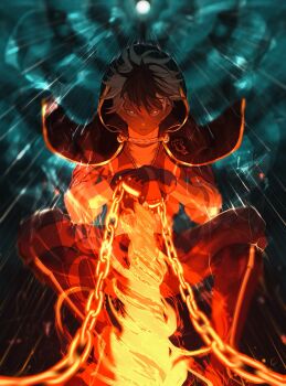 1boy baseball_bat black_boots black_bulls_(emblem) black_capelet black_clover black_gloves black_hair black_jacket boots capelet chain embers farel_febs fire flaming_weapon full_body full_moon gloves gold_trim grey_hair highres holding holding_baseball_bat holding_chain hood hood_up hooded_capelet jacket knee_boots looking_at_viewer magna_swing male_focus moon multicolored_hair night night_sky orange_eyes parted_lips pyrokinesis rain serious short_hair sky sleeves_rolled_up solo two-tone_hair weapon