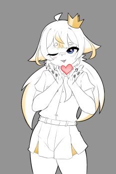 1girl ahoge bandaid bandaid_on_face bandaid_on_nose belt blowing_kiss blue_eyes blunt_bangs blush contrapposto cowboy_shot crown grey_background hair_flaps head_tilt heart highres holding holding_heart indie_virtual_youtuber konan_exe long_hair looking_at_viewer low-tied_long_hair low_twintails mini_crown multicolored_hair one_eye_closed penguin_girl shirt shirt_tucked_in short_sleeves shorts spot_color streaked_hair toko_(vtuber) twintails virtual_youtuber