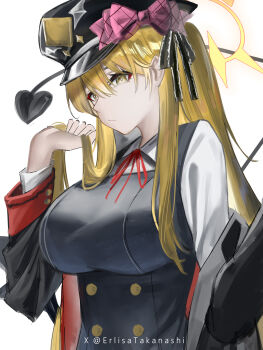 1girl absurdres aged_up alternate_breast_size_(larger) black_dress black_hat black_jacket black_ribbon blonde_hair blue_archive bow breasts closed_mouth demon_girl demon_tail dress erlisa_takanashi hair_between_eyes hair_ribbon hat hat_bow highres ibuki_(blue_archive) jacket large_breasts long_hair looking_at_viewer open_clothes open_jacket peaked_cap pink_bow ribbon shirt sidelocks solo tail two_side_up white_shirt yellow_eyes