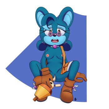 1girl blue_fur breasts collar fingering furry gizoid glasses gloves half-closed_eyes highres innotsu machine mechanical_arms medium_breasts moaning narrowed_eyes nipples open_mouth pussy pussy_juice relic_the_pika robot sega shoes single_mechanical_arm sonic_(series) teeth vaginal vest