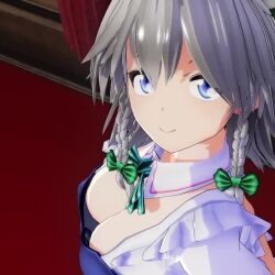 1girl 3d animated blue_eyes breasts cleavage downblouse from_above grey_hair izayoi_sakuya large_breasts looking_at_viewer mofumoko5 no_bra smile solo thighs touhou video