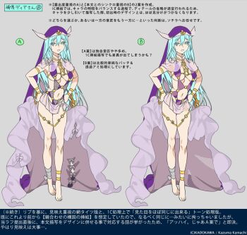 1girl aradia_(toaru) armlet barefoot bikini blue_eyes blue_hair bracelet breasts capelet character_profile commentary_request company_name creator_name expressionless full_body furrowed_brow gold_bracelet grey_background haimura_kiyotaka half-closed_eyes hands_on_own_hips highres jewelry large_breasts lips long_hair looking_at_viewer navel official_art purple_bikini purple_nails purple_veil reference_sheet revealing_clothes see-through_capelet see-through_clothes see-through_skirt sideboob skirt solo standing stomach swimsuit thighlet tiptoes toaru_majutsu_no_index toaru_majutsu_no_index:_genesis_testament translation_request underboob veil very_long_hair witch