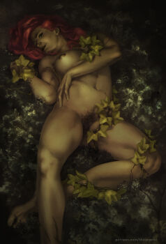 Rule 34 | 1girl, artist name, batman (series), colored skin, commentary, covering one breast, covering privates, crossed legs, dc comics, dima ivanov, english commentary, english text, female pubic hair, florakinesis, full body, green lips, green skin, highres, leaf, leaf clothing, lipstick, looking at viewer, lying, makeup, navel, nose, on back, plant, plant clothing, poison ivy, pubic hair, realistic, red hair, solo, vines, watermark, web address