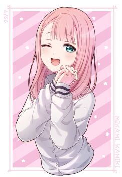 Rule 34 | 1girl, 22/7, ayakura azuma, border, cardigan, center-flap bangs, character name, collared shirt, diagonal-striped background, green eyes, grey shirt, group name, highres, kamiki mikami, long hair, long sleeves, looking at viewer, one eye closed, open mouth, own hands clasped, own hands together, pink background, pink hair, school uniform, shirt, smile, star (symbol), starry background, striped background, upper body, vest, white border, white cardigan