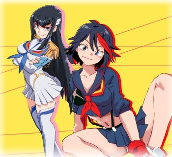 2girls ahoge black_hair black_shirt black_skirt blue_eyes blue_neckerchief blush breasts cleavage collarbone crossed_arms dress epaulettes fingerless_gloves gloves hair_ornament junketsu kill_la_kill kiryuuin_satsuki long_hair long_sleeves looking_at_viewer matoi_ryuuko midriff multicolored_hair multiple_girls navel neckerchief onnaski panties panty_peek red_gloves red_hair red_neckerchief school_uniform senketsu shirt shoes short_hair short_sleeves siblings sisters sitting skirt smile sneakers standing streaked_hair suspender_skirt suspenders thighhighs underwear white_dress white_panties white_shoes white_thighhighs