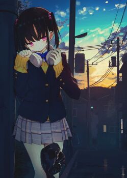 1girl bare_legs_girl_(kamizaki_hibana) black_hair blue_bow blue_bowtie blue_jacket bow bowtie building buttons closed_mouth commentary_request cowboy_shot dot_mouth dot_nose dusk expressionless floodlights gradient_sky grey_sky house jacket kamizaki_hibana long_sleeves looking_at_viewer miniskirt original outdoors pink_eyes plaid_clothes plaid_skirt pleated_skirt power_lines school_uniform sidelocks skirt sky solo standing sweater transformer two_side_up utility_pole wispy_bangs yellow_sweater
