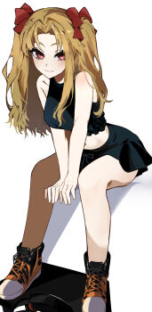 1girl absurdres bare_arms bare_shoulders black_ribbon black_skirt blonde_hair breasts commentary_request crop_top ereshkigal_(fate) ereshkigal_(over_the_same_sky)_(fate) fate/grand_order fate_(series) hair_ribbon highres leaning_forward long_hair looking_at_viewer ma_ple medium_breasts microskirt midriff red_eyes red_ribbon ribbon shoes sitting skirt smile sneakers solo twintails two_side_up