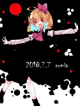 1girl ahoge ascot black_dress black_shoes blending blonde_hair blue_hair bow colored_inner_hair commentary_request dated dress full_body hair_bow long_sleeves looking_at_viewer multicolored_hair open_mouth outstretched_arms pinafore_dress red_ascot red_bow red_eyes rumia shinjitsu_no_kuchi shirt shoes short_hair sleeveless sleeveless_dress smile solo spread_arms touhou white_shirt