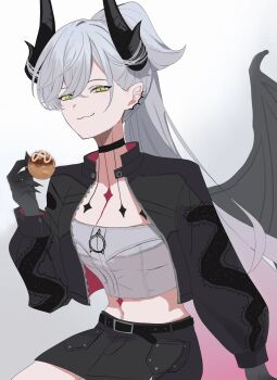 1girl bat_wings belt black_jacket breasts commentary_request dango fate/grand_order fate_(series) food gradient_hair green_hair highres jacket kusuri_03 lilith_(fate) lilith_(over_the_same_sky)_(fate) looking_at_viewer medium_breasts multicolored_hair neck_tattoo open_clothes open_jacket pencil_skirt pink_hair ponytail skirt smirk solo tattoo wagashi white_hair wings