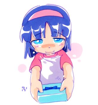 Rule 34 | 1girl, blue eyes, blue hair, blush, box, box of chocolates, gift, hairband, hoshino fuuta, looking at viewer, original, pink shirt, raglan sleeves, shirt, short hair, short sleeves, smile, standing, upper body, valentine, valentine chocolate, white background