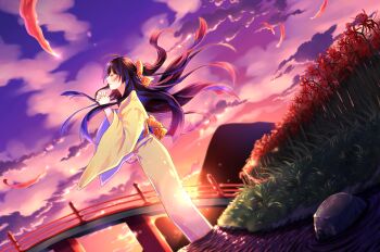 1girl ahoge bow bridge closed_eyes cloud commentary_request dutch_angle feathers field flower flower_field from_side grass hair_bow highres interlocked_fingers japanese_clothes kimono long_hair mountain original own_hands_clasped own_hands_together praying purple_hair purple_sky river sky solo sunset tohyama_shage very_long_hair wading yellow_kimono