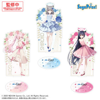 3girls animal_ears black_hair blue_archive blue_dress cat_ears dress english_text grey_hair hoshino_(blue_archive) multiple_girls official_alternate_costume official_art pink_dress pink_hair sega serika_(blue_archive) shiroko_(blue_archive) simple_background twitter white_background wolf_ears