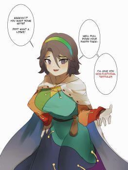 1girl absurdres bdsm blue_eyes blue_hair cape cbt dress hairband heart heart-shaped_pupils highres looking_at_viewer multicolored_dress multicolored_hairband naufaldreamer orange_sleeves patchwork_clothes rainbow_gradient short_hair solo symbol-shaped_pupils tenkyuu_chimata touhou white_background