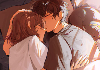 2boys akechi_gorou amamiya_ren black_cat black_hair black_shirt brown_hair cat closed_eyes closed_mouth cuddling dappled_sunlight fsmaichobpeg0 hand_on_another&#039;s_back hand_on_another&#039;s_head head_on_pillow highres indoors lying male_focus messy_hair morgana_(cat)_(persona_5) morgana_(persona_5) multiple_boys on_bed on_side persona persona_5 pillow shared_pillow shirt short_hair short_sleeves sleeping sleeping_animal sunlight t-shirt upper_body white_shirt yaoi