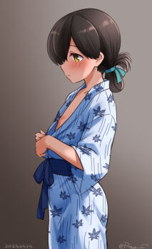 1girl bath_yukata black_hair breasts brown_eyes commentary_request flat_chest floral_print folded_ponytail gradient_background grey_background japanese_clothes kantai_collection kasuga_maru_(kancolle) kimono long_hair one-hour_drawing_challenge profile ray.s small_breasts solo standing striped_clothes striped_kimono white_kimono yukata