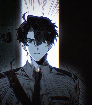 1boy ahoge akigawasou black_hair collared_shirt curtained_hair doorway double-parted_bangs hair_between_eyes looking_at_viewer male_focus motion_lines necktie omniscient_reader&#039;s_viewpoint parted_lips shirt short_hair solo upper_body walkie-talkie yoo_joonghyuk