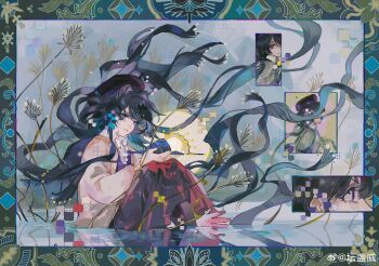 1girl absurdres beret black_hair black_hat black_pantyhose blue_background blue_vest blunt_ends border cardigan center_frills chinese_commentary cloud collared_shirt commentary_request covered_eyes crying crying_with_eyes_open feet_out_of_frame floating_hair frills frown glitch green_border hair_intakes hat heroine_(lovebrush_chronicles) highres holding holding_cloud knees_up long_hair long_sleeves looking_ahead looking_at_viewer looking_to_the_side lovebrush_chronicles medium_skirt multiple_views open_cardigan open_clothes ornate_border pantyhose parted_lips partially_submerged purple_eyes red_skirt reeds reflection reflective_liquid shallow_water shirt sitting skirt smile solo sun surreal tears very_long_hair vest water watermark weibo_watermark white_cardigan white_shirt youxing_tan_pei_la_tu_ceng