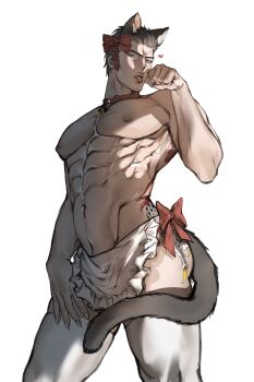 1boy abs animal_ears apron bara barbell_piercing black_hair cat_ears crossdressing crossdressing_(mtf) facial_hair fangs fingernails frilled_apron frills goatee grey_eyes groin hair_ribbon highres irezumi kemonomimi_mode kiryu_kazuma large_pectorals long_fingernails male_focus mature_male muscular muscular_male nipple_bar nipple_piercing paw_pose pectorals piercing ribbon ryuu_ga_gotoku_(series) ryuu_ga_gotoku_1 sharp_fingernails solo sotenborinpc tattoo thighhighs tongue tongue_out waist_apron white_thighhighs