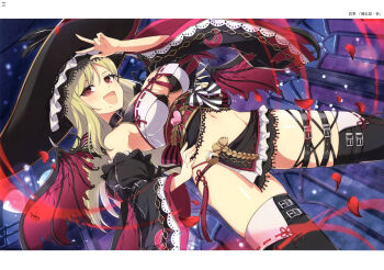 1girl :d absurdres black_hat black_sleeves blonde_hair boots breasts crop_top demon_wings detached_sleeves fake_wings groin hair_ornament hairclip hand_on_own_hip hands_on_own_hips hat highres large_breasts light_blush loincloth looking_at_viewer magazine_scan mole mole_under_mouth navel non-web_source official_alternate_costume official_alternate_hairstyle official_art open_mouth peace_symbol red_eyes scan senran_kagura senran_kagura_new_link shiki_(senran_kagura) skull_print smile solo sombrero thigh_boots wings