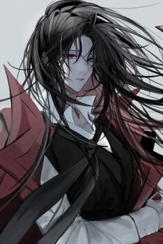 Rule 34 | 1girl, absurdres, arm around waist, black hair, black vest, brown eyes, coat, collared shirt, commentary request, expressionless, floating hair, hayu beck, highres, jung heewon, korean commentary, long hair, looking at viewer, omniscient reader's viewpoint, open clothes, open coat, red coat, red eyes, shirt, solo, upper body, vest, white shirt, wind