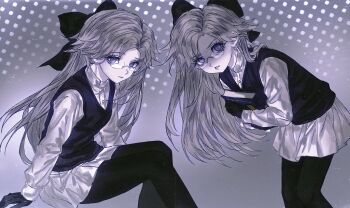 1girl abashuxiadeabaguai absurdres aotsuki_eito black_bow black_gloves black_pantyhose black_vest book bow buttons chinese_commentary closed_mouth commentary_request expressionless eyelashes genderswap genderswap_(mtf) glasses gloves grey_background grey_hair hair_bow highres holding holding_book invisible_chair large_bow long_hair long_sleeves miniskirt monochrome multiple_views nose_pads pantyhose pleated_skirt rimless_eyewear scowl shirt sitting skirt the_hundred_line_-last_defense_academy- vest white_shirt white_skirt