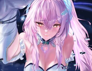 1girl aemeath_(wuthering_waves) autumn_heart bare_shoulders breasts cleavage commentary_request crying crying_with_eyes_open glitch gloves hair_between_eyes highres leotard long_hair night orange_eyes pink_hair shooting_star sky smile space star-shaped_pupils star_(sky) star_(symbol) starry_sky starry_sky_background streaming_tears symbol-shaped_pupils tears white_leotard wuthering_waves yellow_eyes