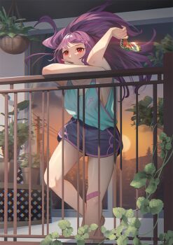 1girl bare_shoulders blue_shorts blush breasts cleavage fate/grand_order fate_(series) green_tank_top hair_between_eyes large_breasts long_hair nakaga_eri popsicle_stick purple_hair red_eyes scathach_(fate) scathach_skadi_(fate) shorts solo tank_top thighs