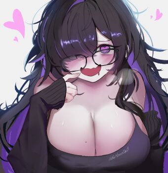 1girl absurdres black-framed_eyewear black_dress black_hair blush breasts breath cleavage colored_inner_hair commentary dress drooling english_commentary glasses goddess_of_victory:_nikke hair_over_one_eye heart heart-shaped_pupils highres label_(nikke) large_breasts leiamemoria long_hair looking_at_viewer mojyo mole mole_on_breast mouth_drool multicolored_hair open_mouth purple_eyes purple_hair purple_streaks smile solo steam sweat symbol-shaped_pupils two-tone_hair wavy_mouth
