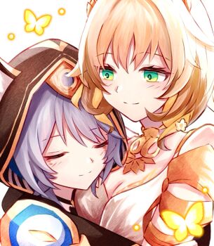 2girls aglaea_(honkai:_star_rail) animal_ears blonde_hair blush breasts bug butterfly cat_ears cat_girl cipher_(honkai:_star_rail) cleavage closed_eyes closed_mouth flower green_eyes grey_hair hair_between_eyes hair_flower hair_ornament honkai:_star_rail honkai_(series) hood hood_up hug insect large_breasts looking_at_another multiple_girls short_hair simple_background smile white_background yoi_(a27963244)