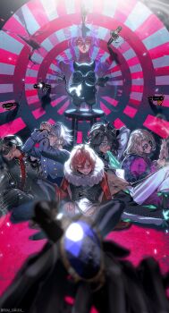 6+boys absurdres animal_ears azul_ashengrotto black_hair black_jacket black_nails black_pants black_shirt black_vest blindfold blonde_hair blood blood_from_mouth blood_on_clothes blue_eyes blue_gemstone blue_hair blurry blurry_foreground bound bound_wrists cape chain checkered_clothes checkered_vest closed_eyes closed_mouth commentary_request creature crying crying_with_eyes_open cuffs dart dartboard eye_mask gem green_eyes grey_hair grey_shirt grim_(twisted_wonderland) heterochromia highres idia_shroud jacket jamil_viper knee_up knife leona_kingscholar lion_boy lion_ears long_hair long_sleeves looking_at_viewer male_focus mask mau_sakura medium_hair multicolored_hair multiple_boys nail_polish open_mouth own_hands_together pants praying purple_shirt red_cape red_eyes red_hair red_shirt riddle_rosehearts shirt short_hair sitting spread_legs stool sweat tears twisted_wonderland twitter_username vest vil_schoenheit white_pants white_shirt yellow_eyes