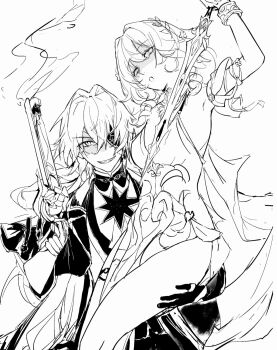 1boy 1girl aglaea_(honkai:_star_rail) allsun111 anaxa_(honkai:_star_rail) arm_up armpits ascot bracelet breasts cape carrying carrying_person detached_sleeves dress drill_hair drill_sidelocks eyepatch fangs feet_out_of_frame flower gloves greco-roman_clothes greyscale gun hair_between_eyes hair_flower hair_ornament handgun hands_up highres holding holding_gun holding_sword holding_weapon honkai:_star_rail honkai_(series) jacket jewelry lapels laurel_crown long_hair long_sleeves looking_at_viewer low_ponytail mandarin_collar medium_breasts monochrome multiple_rings open_clothes open_jacket open_mouth pants ponytail ring shaded_face shirt short_hair short_sleeves sidelocks simple_background sleeveless sleeveless_dress smile smoke sword teeth v-shaped_eyebrows weapon