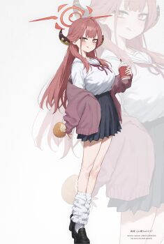 Rule 34 | 1girl, absurdres, amenatsu, aru (blue archive), black skirt, blue archive, breasts, brown horns, closed mouth, demon horns, food, full body, halo, highres, holding, holding food, horns, ice cream, jacket, large breasts, long hair, long sleeves, looking at viewer, pink hair, pleated skirt, ribbon, school uniform, shirt, shirt tucked in, shoes, skirt, smile, socks, solo, standing, sweater, tongue, tongue out, white background