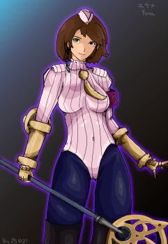 1girl absurdres bodysuit brown_hair capcom corruption empty_eyes evil_smile final_fantasy final_fantasy_x highres leotard mind_control rod shadaloo_dolls short_hair smile square_enix street_fighter yuna yuna_(ff10)