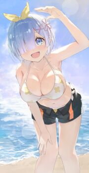 1girl absurdres arm_up bare_shoulders beach bent_over bikini black_shorts blue_eyes blue_hair breasts cleavage cloud collarbone commentary commission english_commentary floral_print floral_print_bikini hair_ornament hair_over_one_eye hair_ribbon hand_on_own_knee highres large_breasts light_blush looking_at_viewer navel ocean official_alternate_costume open_mouth pink_ribbon pixiv_commission print_bikini re:zero_kara_hajimeru_isekai_seikatsu rem_(re:zero) riafel ribbon sand short_hair shorts side-tie_bikini_bottom sky smile solo sun_glare swimsuit white_bikini x_hair_ornament yellow_ribbon