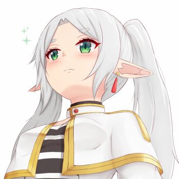 1girl blush breasts capelet closed_mouth commentary_request earrings elf forehead frieren green_eyes grey_hair jewelry long_hair meme pointy_ears prophosphere shirt short_eyebrows simple_background small_breasts solo sousou_no_frieren sparkle striped_clothes striped_shirt thick_eyebrows twintails upper_body upward_angle_frieren_drawing_(meme) white_background white_capelet