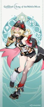 1girl :d black_boots black_gloves black_hat black_shorts blonde_hair boots braid braided_hair_rings breasts commentary detached_sleeves english_commentary eyewear_on_head full_body genshin_impact gloves hair_rings hand_on_own_hip hat highres jahoda_(genshin_impact) long_sleeves looking_at_viewer official_art open_mouth short_hair short_shorts shorts single_loose_sock single_thighhigh small_breasts smile socks solo sunglasses thighhighs thighs torn_clothes torn_thighhighs white_socks yellow_eyes