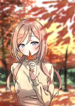 1girl arm_behind_back autumn autumn_leaves blue_eyes blurry blurry_background blush breasts brown_hair closed_mouth depth_of_field double-parted_bangs gakuen_idolmaster grey_sweater highres himesaki_rinami holding holding_leaf idolmaster large_breasts leaf long_hair long_sleeves looking_at_viewer outdoors petitpetitppp smile solo sweater tree turtleneck turtleneck_sweater upper_body