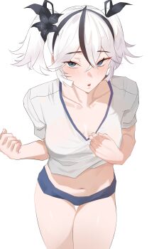 1girl :o absurdres alternate_costume black_flower black_ribbon blake_bloom_(wuthering_waves) blush breasts camellya_(wuthering_waves) clothes_pull collarbone commentary cowboy_shot flower hair_between_eyes hair_flower hair_ornament hair_ribbon highres looking_at_viewer medium_breasts navel open_mouth ribbon shirt shirt_pull short_hair simple_background solo stomach twentytwo_(twenty_zwei) white_background white_hair white_shirt wuthering_waves