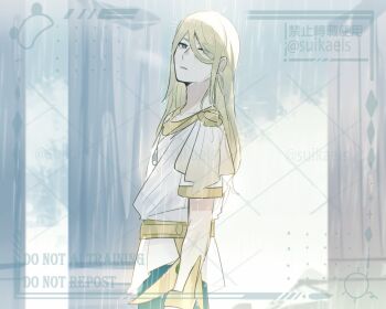 1boy blonde_hair blue_eyes gold_trim green_pants grey_background hair_down hair_over_one_eye highres long_hair looking_at_viewer male_focus nintendo pants pokemon pokemon_legends:_arceus rain shirt simple_background solo standing suikaels upper_body volo_(pokemon) watermark watermark_grid white_shirt