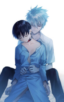 11kkr 2boys belt black_pants closed_eyes closed_mouth collared_shirt commentary_request dss_choker fainted grey_hair hair_between_eyes highres hospital_gown ikari_shinji legs male_focus multiple_boys nagisa_kaworu neon_genesis_evangelion pale_skin pants rebuild_of_evangelion school_uniform shirt short_hair sitting sitting_between_legs tokyo-3_middle_school_uniform unbuttoning undershirt white_shirt yaoi
